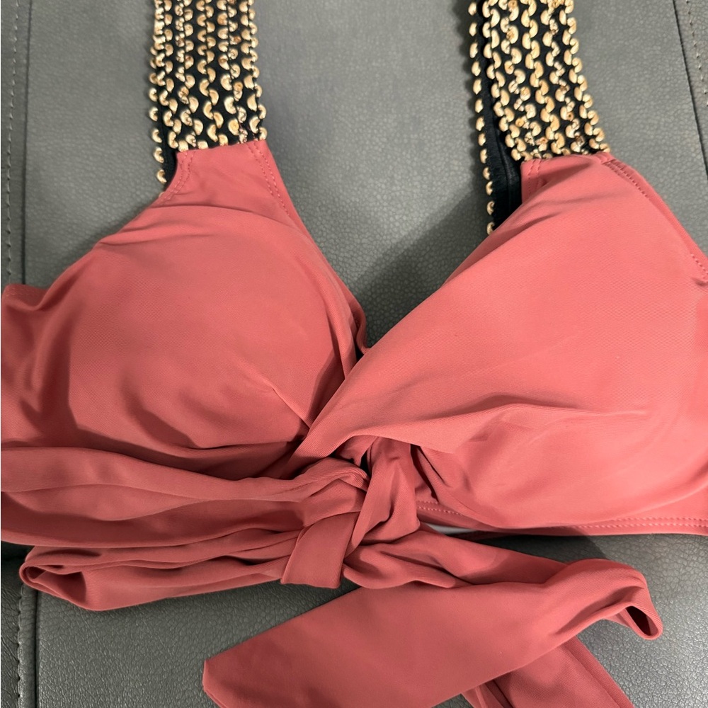 Elegant Coral Swim Top with Gold Accents